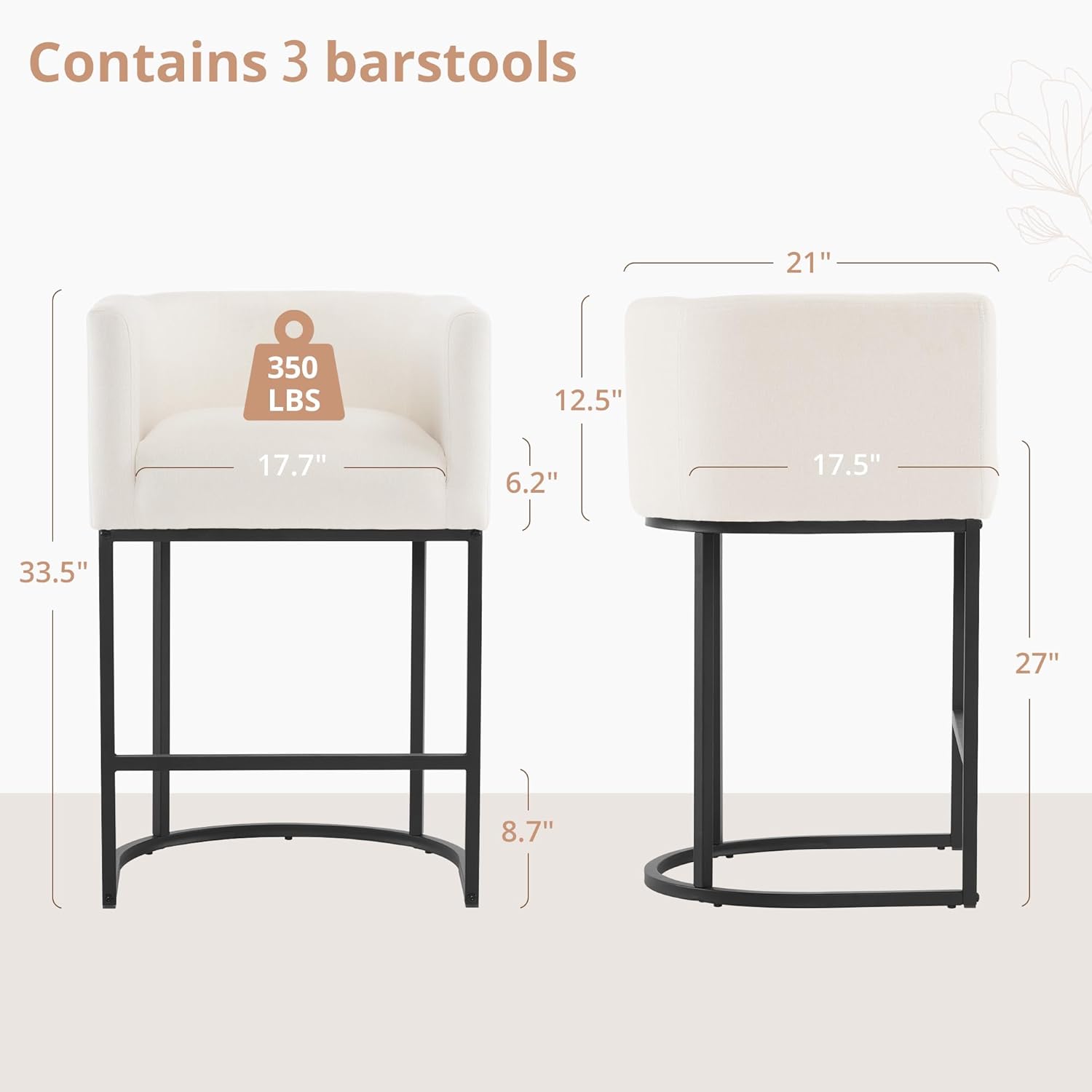 LUE BONA 27 H Counter Height Bar Stools Set of 3, Modern Barrel Counter Stools with Backrest and Arms, Black Metal Frames, Linen Fabric Upholstered Accent Barstools for Kitchen Island, Beige