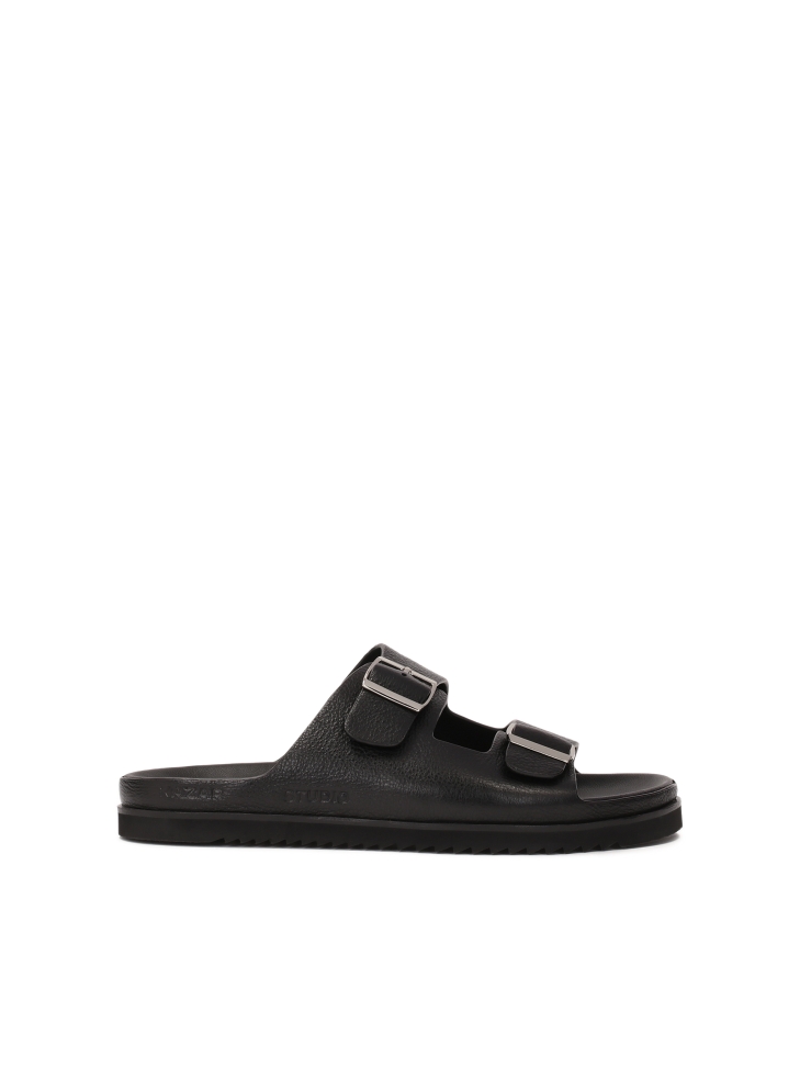 Black leather slides with two straps