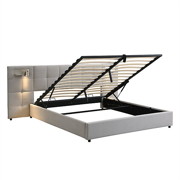 lit rembourré hydraulique 180x200cm, lit de rangement avec sommier à lattes,port USB,recharge sans fil et lampe lumineuse lin gris