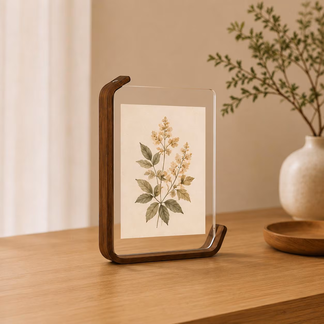 Walnut Color Photo Frame | Clear Acrylic Floating Picture Frame | 4x6, 5x7, A5 | Modern Curved Tabletop Display | Home Decor Gift