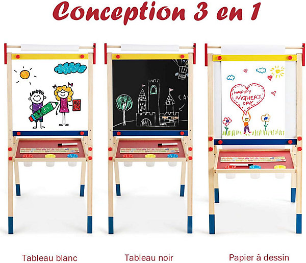3 en 1 Chevalet pour Enfants en Bois de Pin,Tableau Blanc Magnétique et Tableau Noir, Accessoires Complets, 3 Hauteurs Disponibles