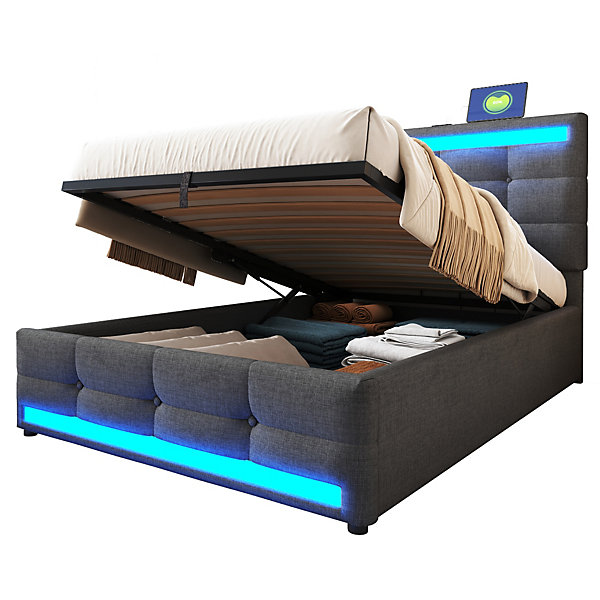 Lit 90x200 cm capitonné gris avec LED RGB et ports USB