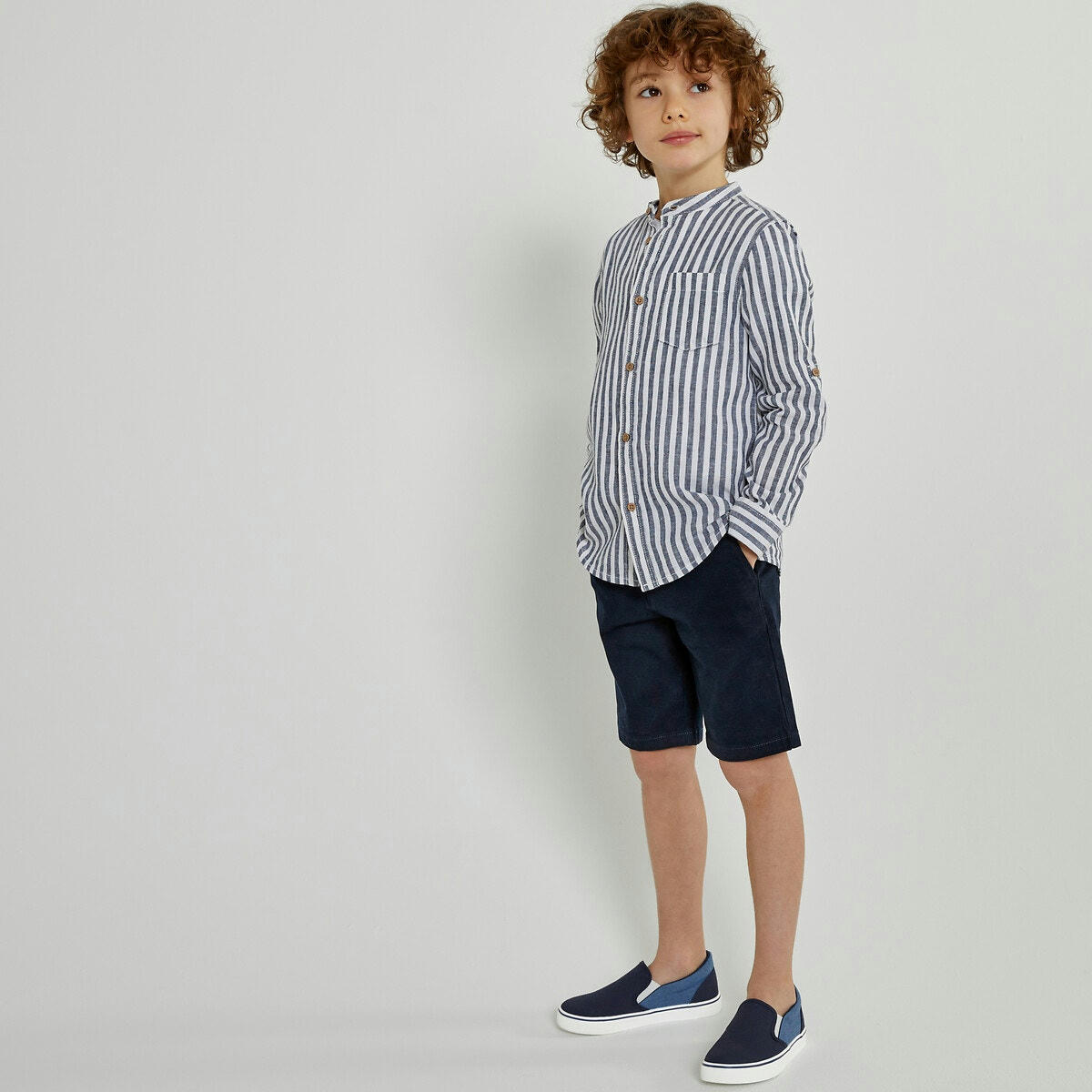 Chemise col mao rayée, lin mélangé 3-12 ans