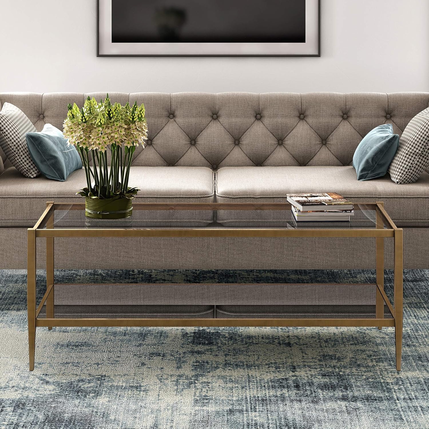 Henn&Hart 45 Wide Rectangular Coffee Table with Mirror Shelf in Brass, Coffee Table coffee tables for living room, studio apartment essentials
