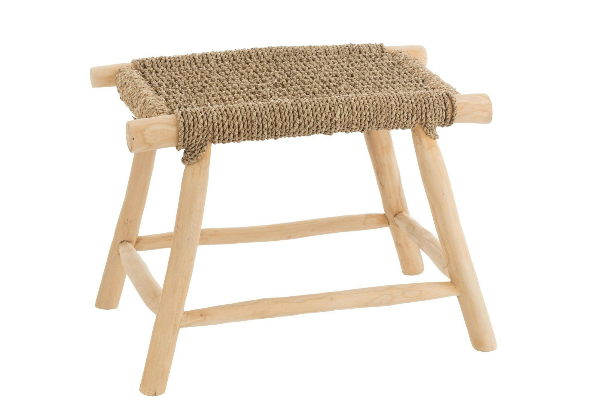 CHAM - Tabouret artisanal rectangulaire en teck et jonc de mer