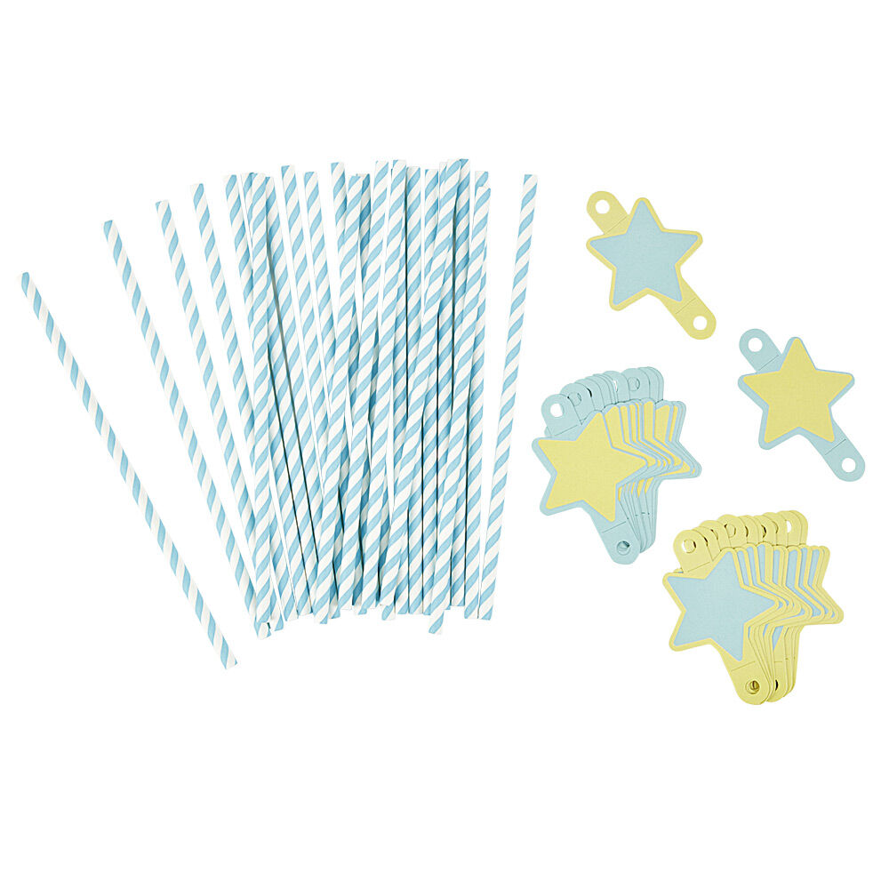 Paille bleu et étiquette étoile en papier x 24