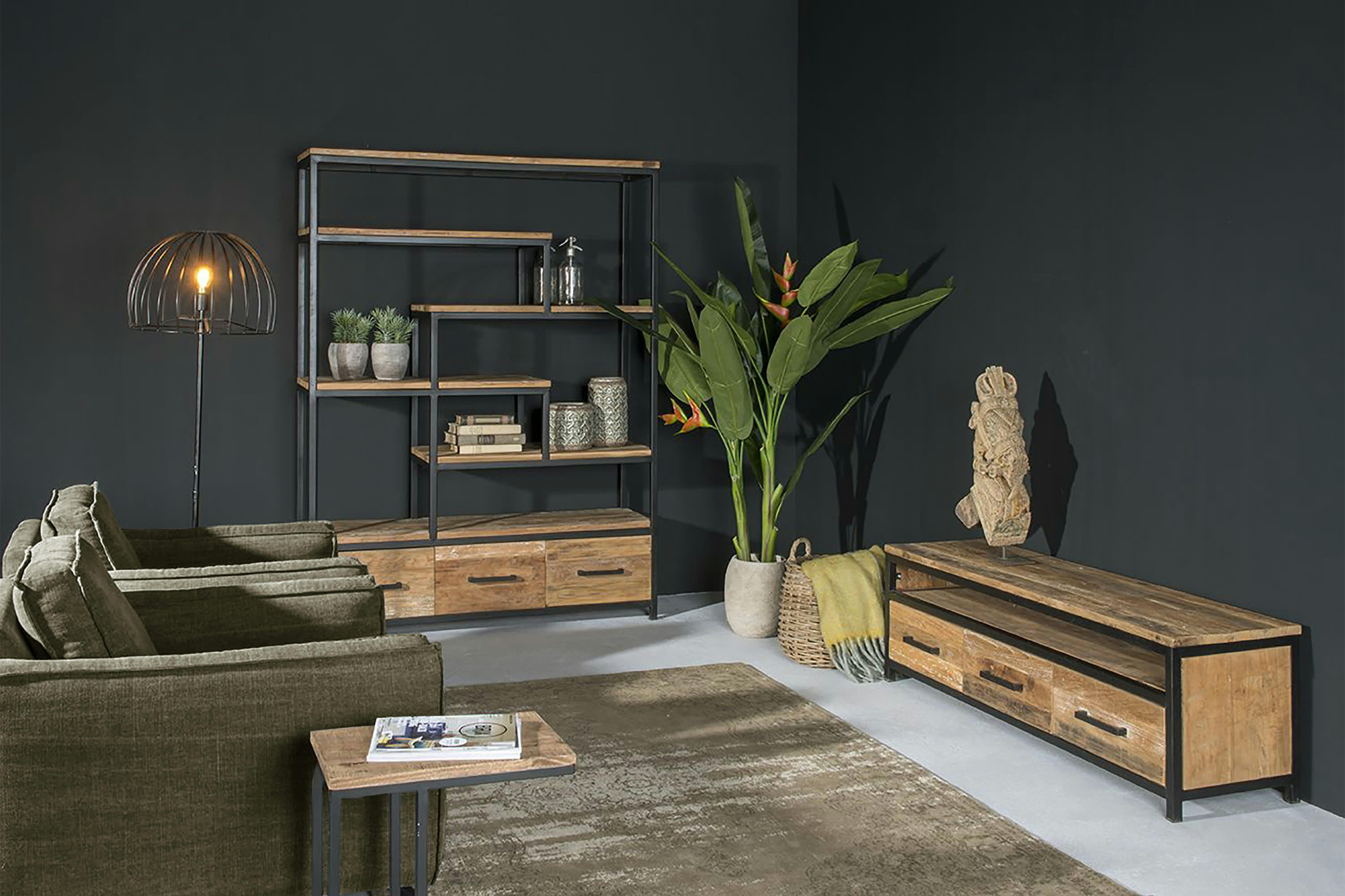 BORNEO - BORNEO-Meuble TV 2 tiroirs L160 cm enTeck recyclé et métal noir