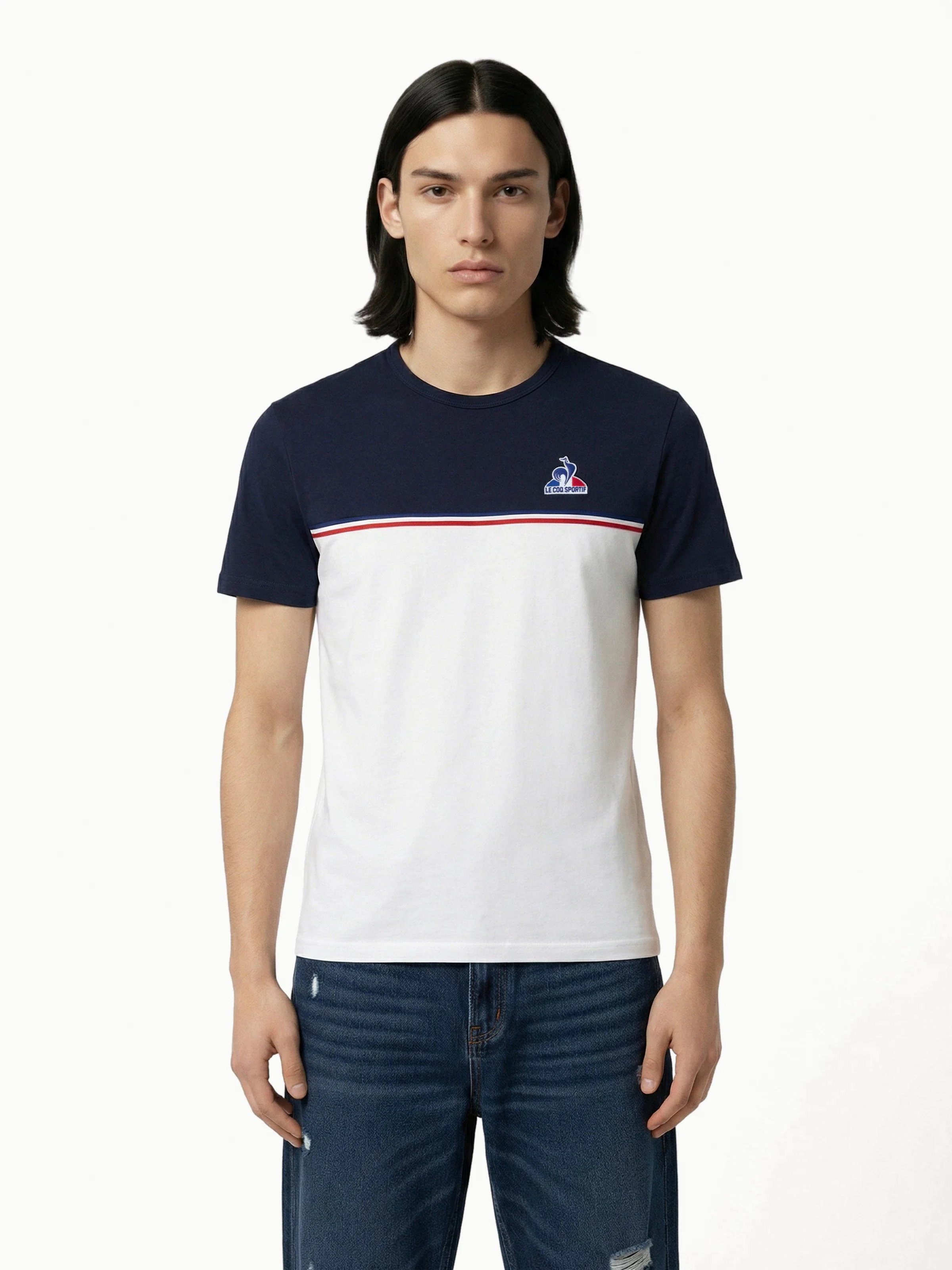 T-shirt en jersey de coton bicolore avec bande tricolore