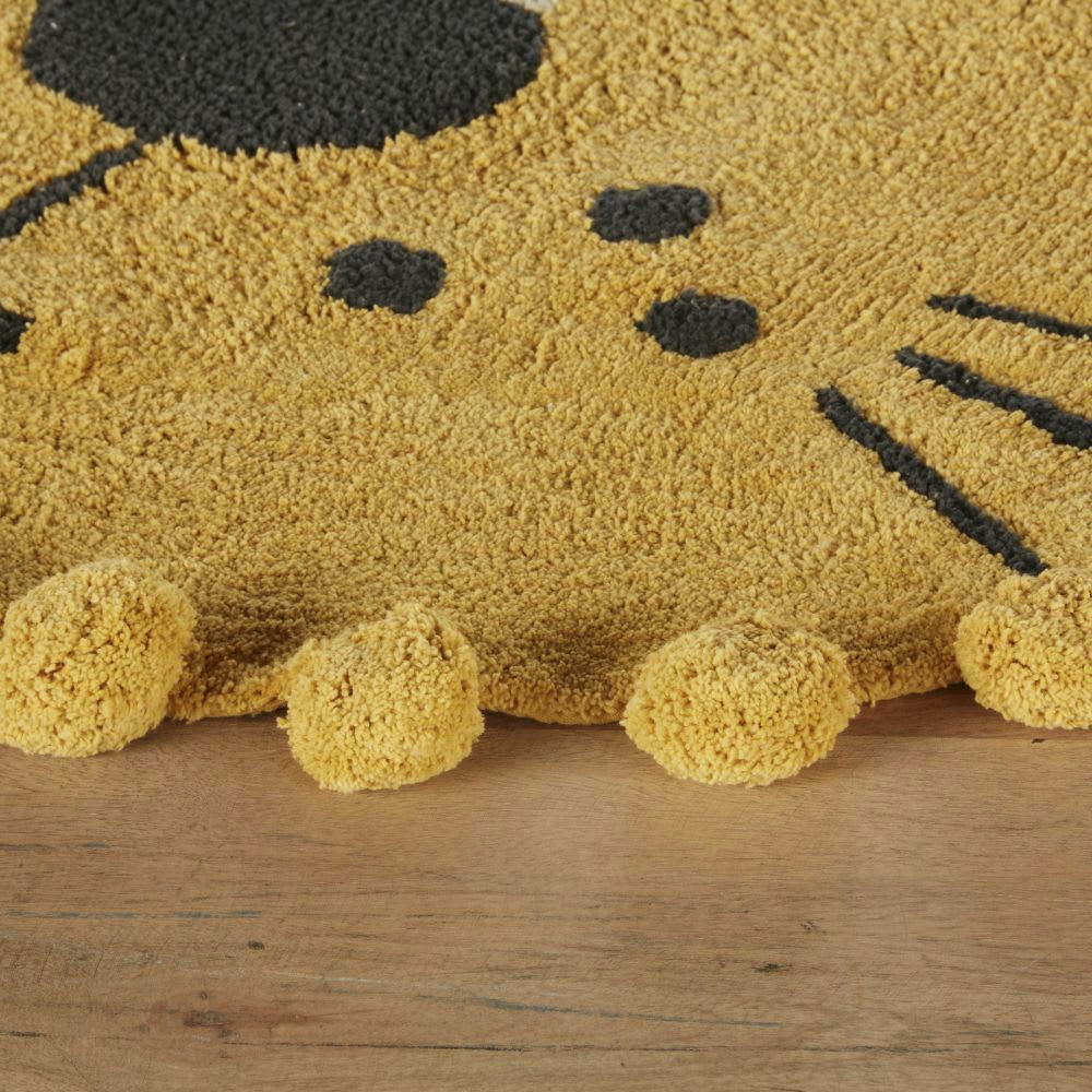 MINI JUNGLE - Tapis enfant tigre en coton recyclé tufté à pompons jaune D108
