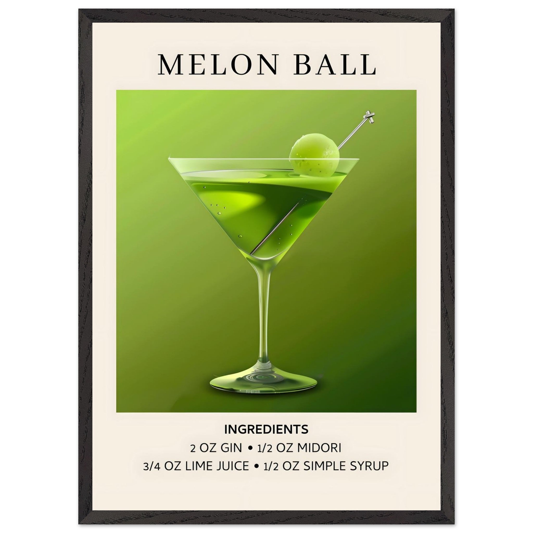 Artfulprints Poster met Lijst Melon Ball cocktail - Ingrediënten  - 50x70 cm - Groen