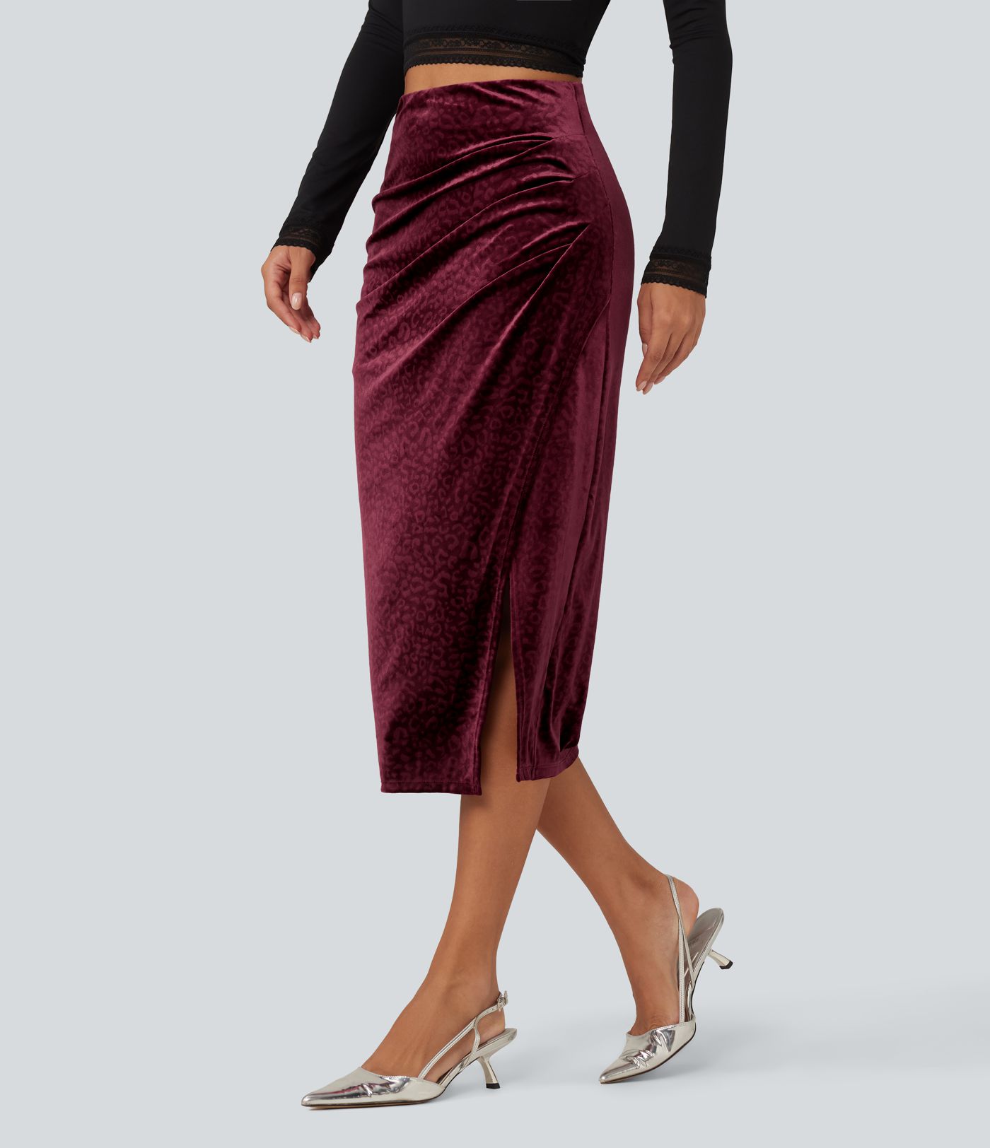 Jupe midi de soirée en velours imprimé léopard taille haute, froncée et asymétrique