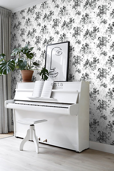 ESTAhome papier peint roses noir et blanc 53 cm x 10.05 m