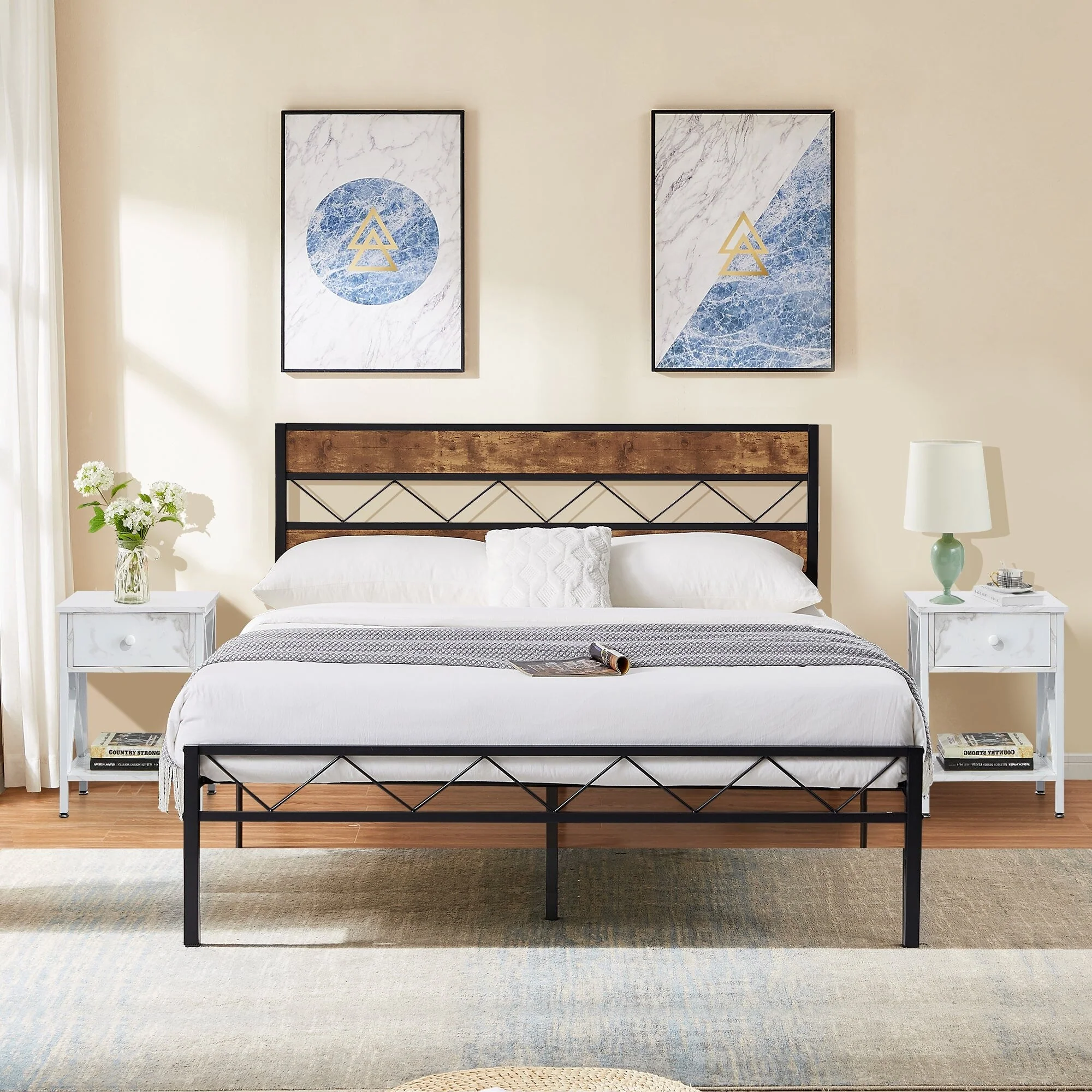 VECELO 3 Piece Bedroom Set Platform Bed Frame and Nightstands Set of 2