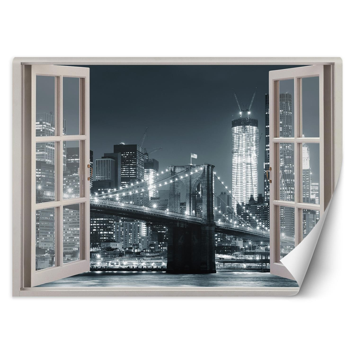 Feeby Fototapeta, Okno Nowy Jork Most Brookliński czarno-biały 140x100