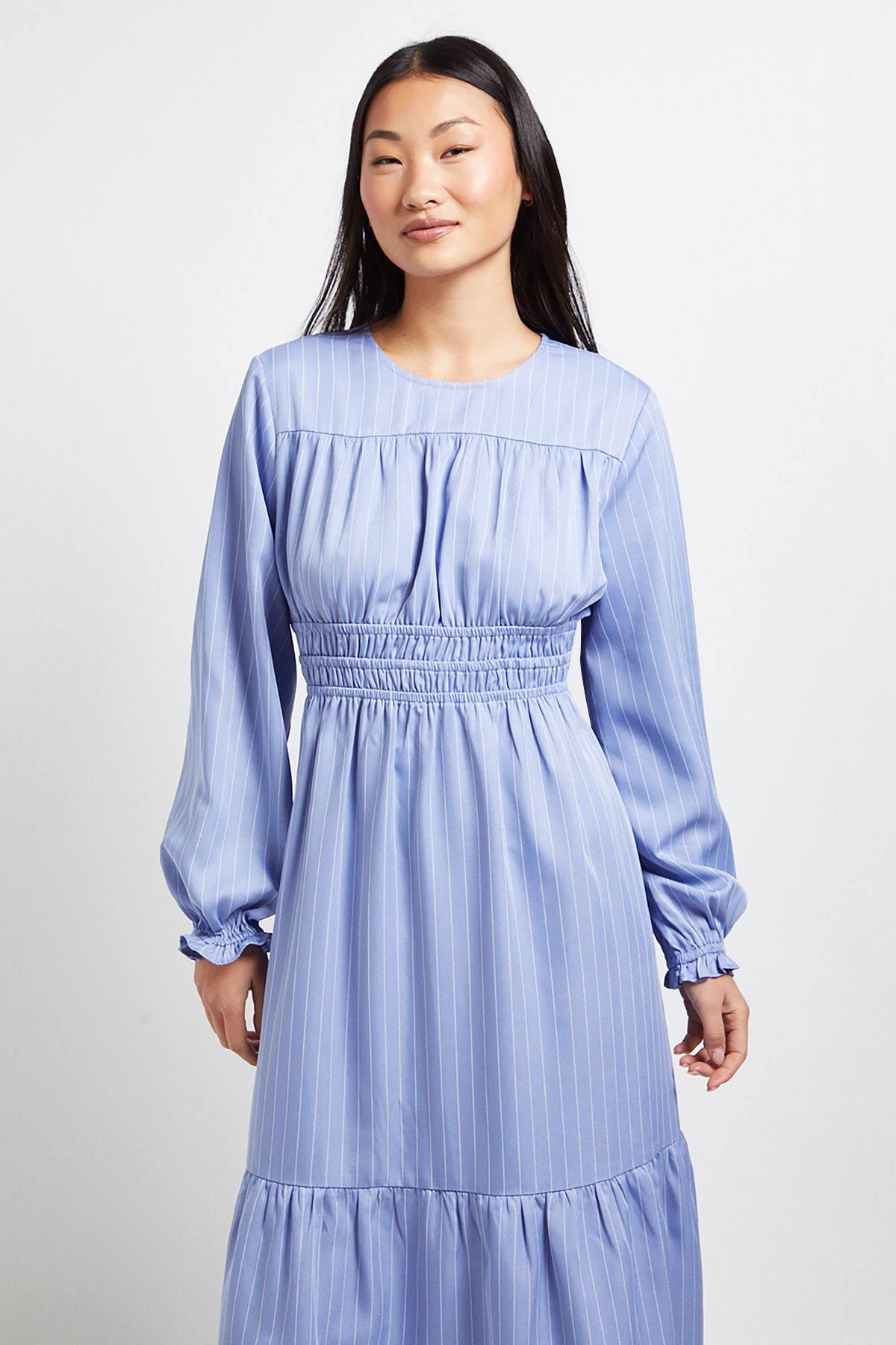 Dorothy Perkins Petite Shirred Bodice Tiered Stripe Midi Dress
