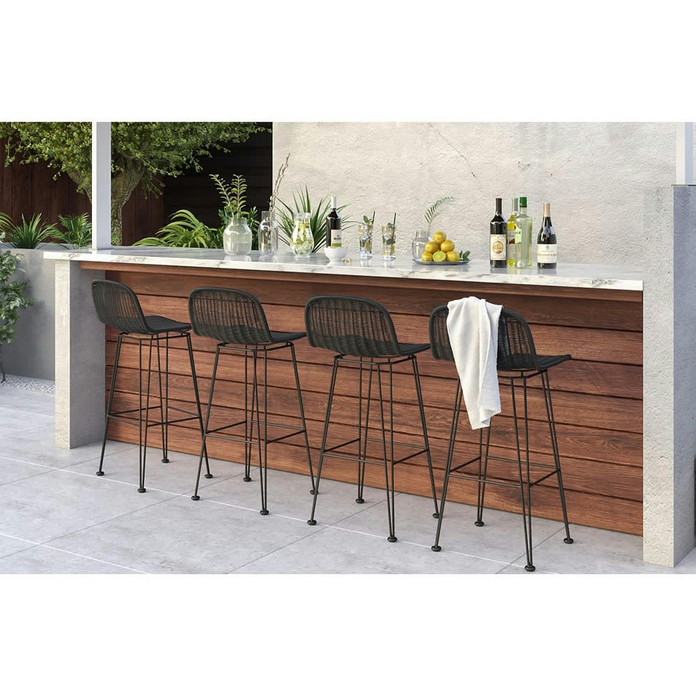 JIGANI - Chaise de bar 76 cm en résine tressée noire (lot de 2)