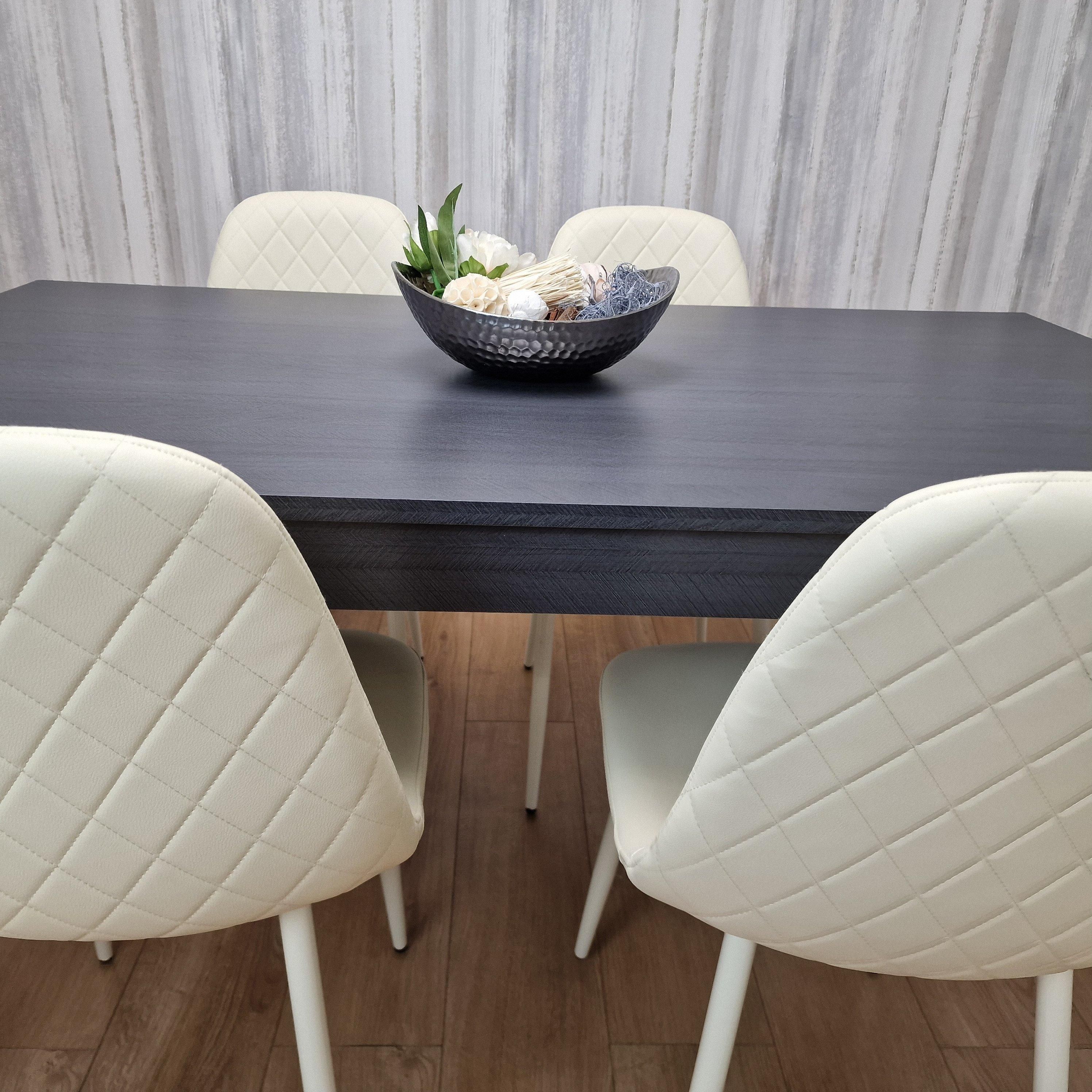 KOSY KOALA Grey Dining Table and 4 Cream Stitched Padded Chairs Kitchen Dining Table for 4 Dining Room Dining Set
