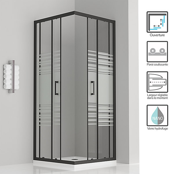 Cabine de douche LANABLACK H.190 cm portes coulissantes verre 6 mm semi-opaque 70 x 85 cm - Saniverre