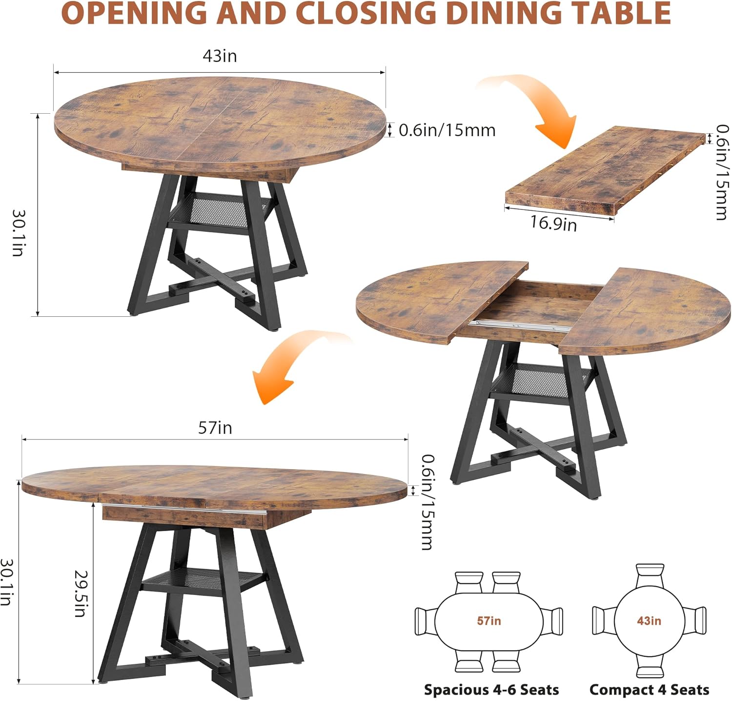 43‘’-57‘’ Extendable Round Dining Table for 4-6, Modern Industrial Kitchen Oval Dining Table with Removable Leaves, Space Saving Pedestal Base with Storage Shelf for Kitchen Living Room (Vintage)