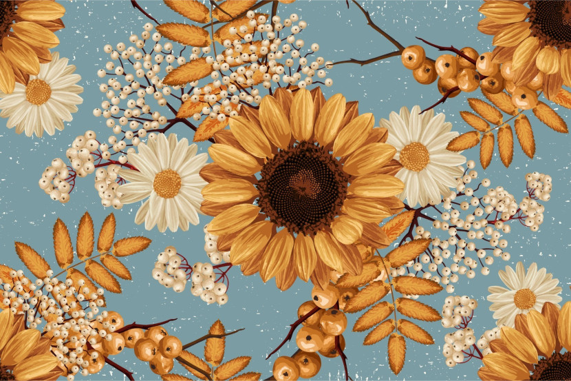 Fototapeta SŁONECZNIKI Jarzębina Kwiaty 3D 90x60cm