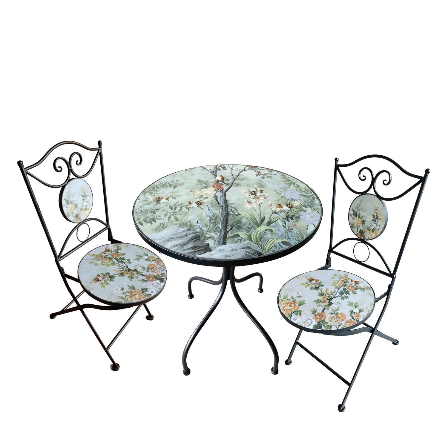 Set tavolo rotondo e 2 sedie ceramica Birds