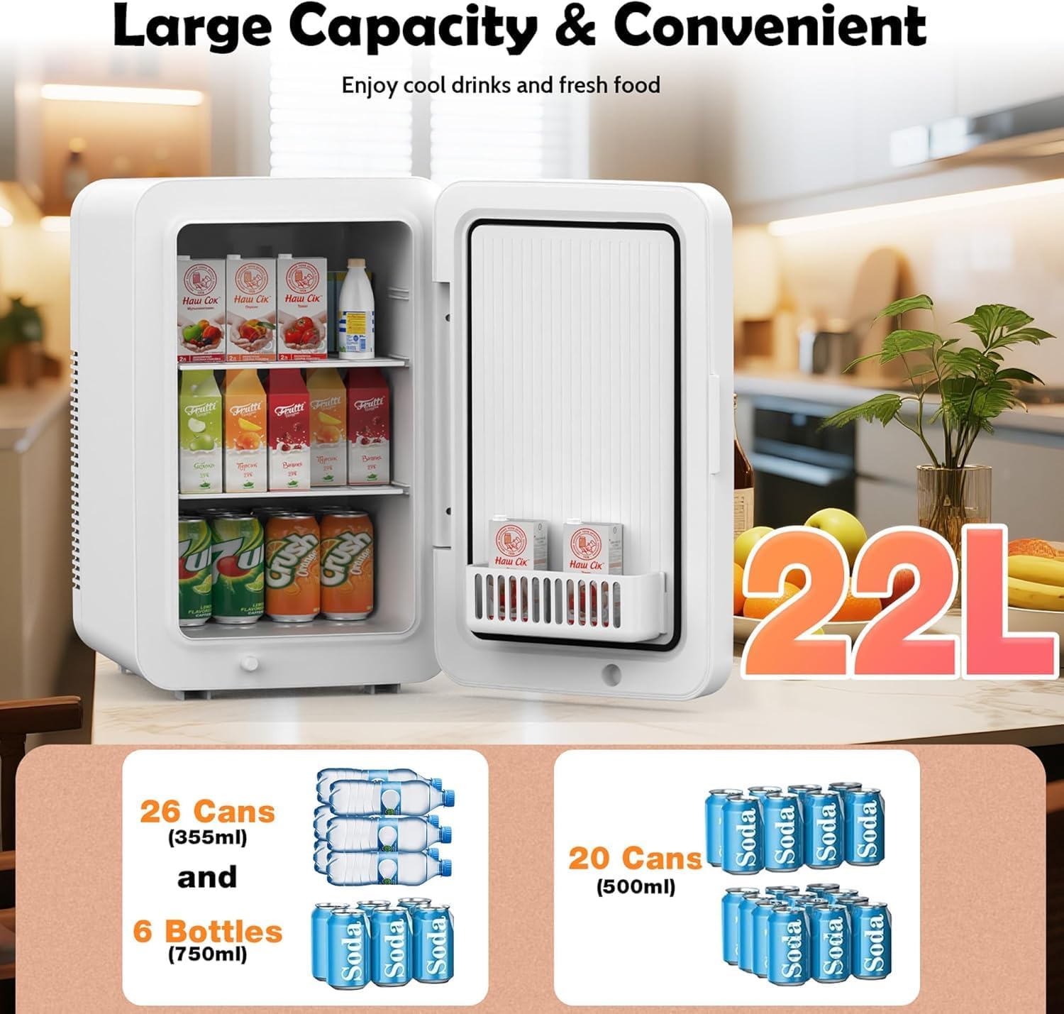Kikihuose 12L/22L Mini Fridge for Bedroom, Personal Small Refrigerator for Skin Care, Cosmetics, 110V/12V Portable Refrigerator Cooler & Warmer for Drinks, Food, Beauty, Makeup, Dorm, Car, Office