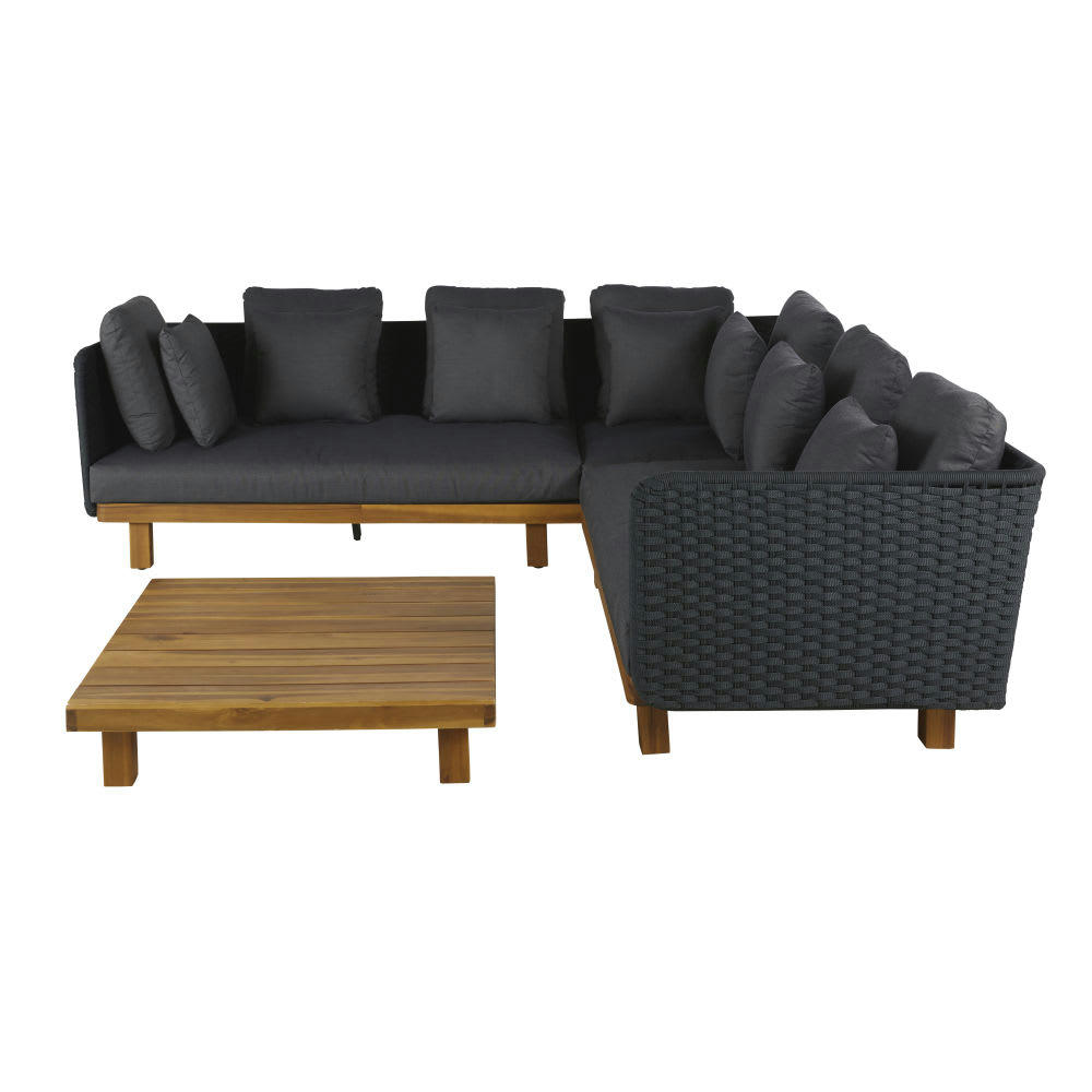 Malindi - Salon de jardin 5/6 places en corde tressée gris anthracite et bois d'acacia massif