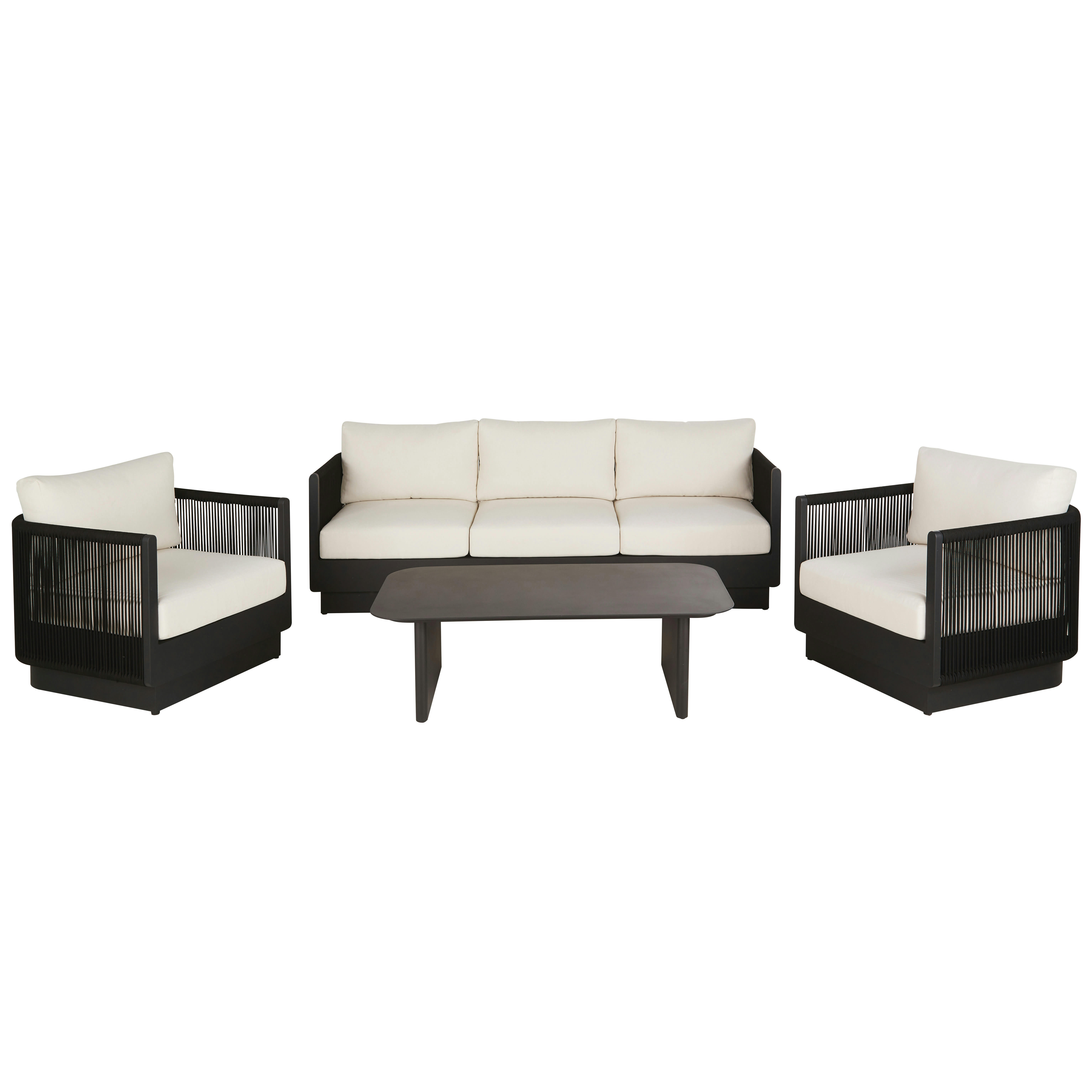 Cartago - Ensemble canapé de jardin 5 places, 2 fauteuils et table basse en aluminium noir et polyester recyclé écru