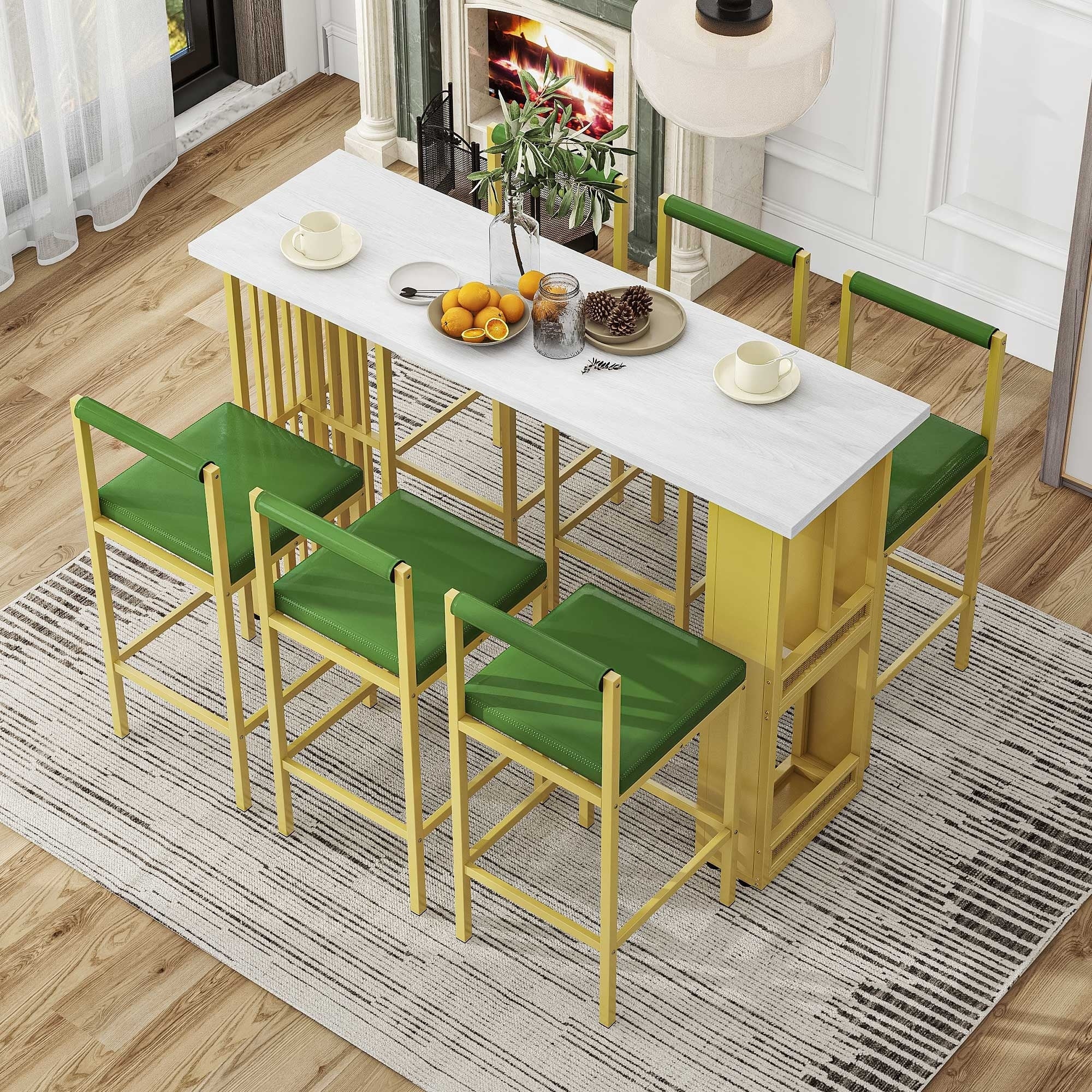 Modern Style 7-piece Dining Bar Table Set with Open Shelves and 6 Upholstered Stools