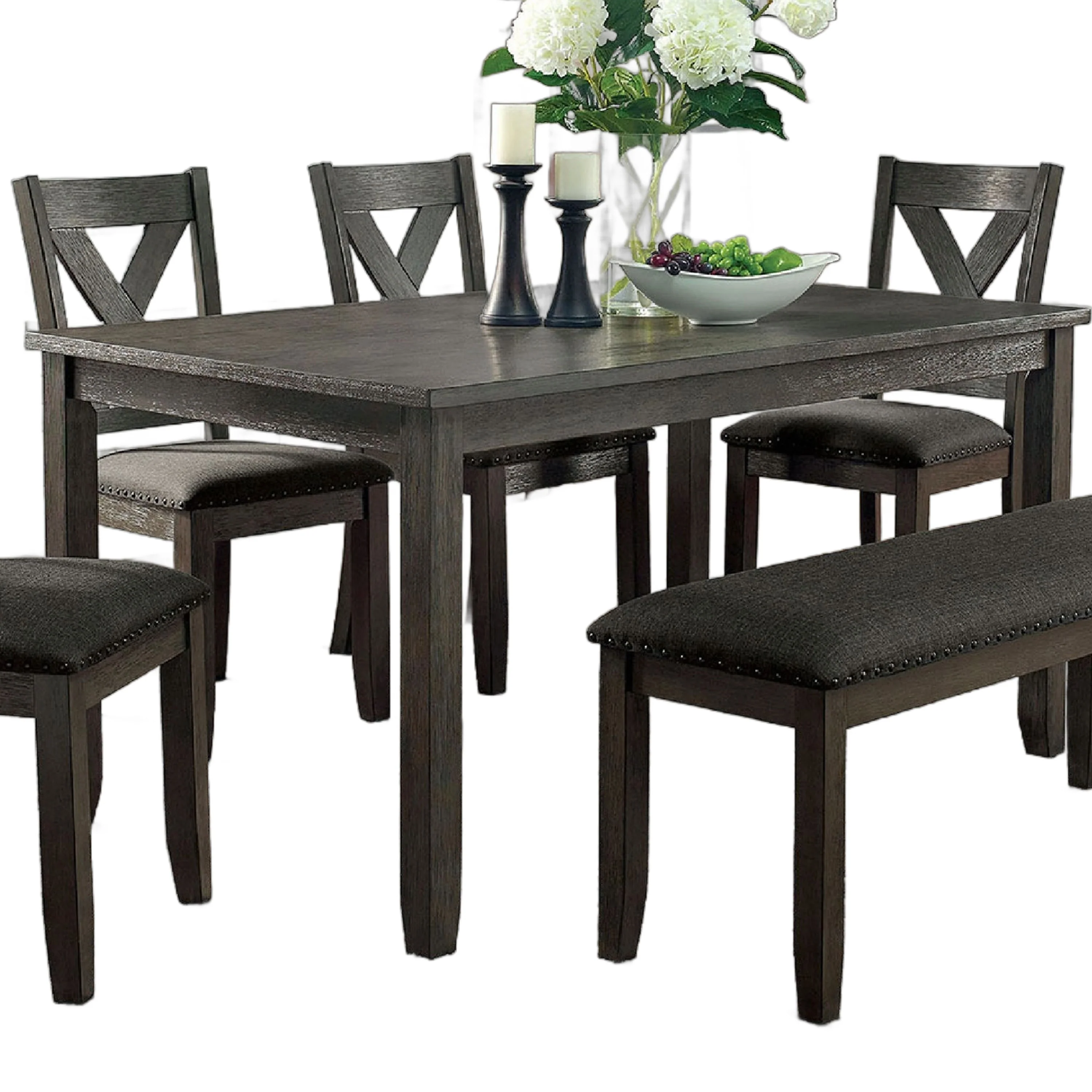 Garie 6pc Dining Table Set with Bench, 4 X-Cross Back Chair, Gray Wood