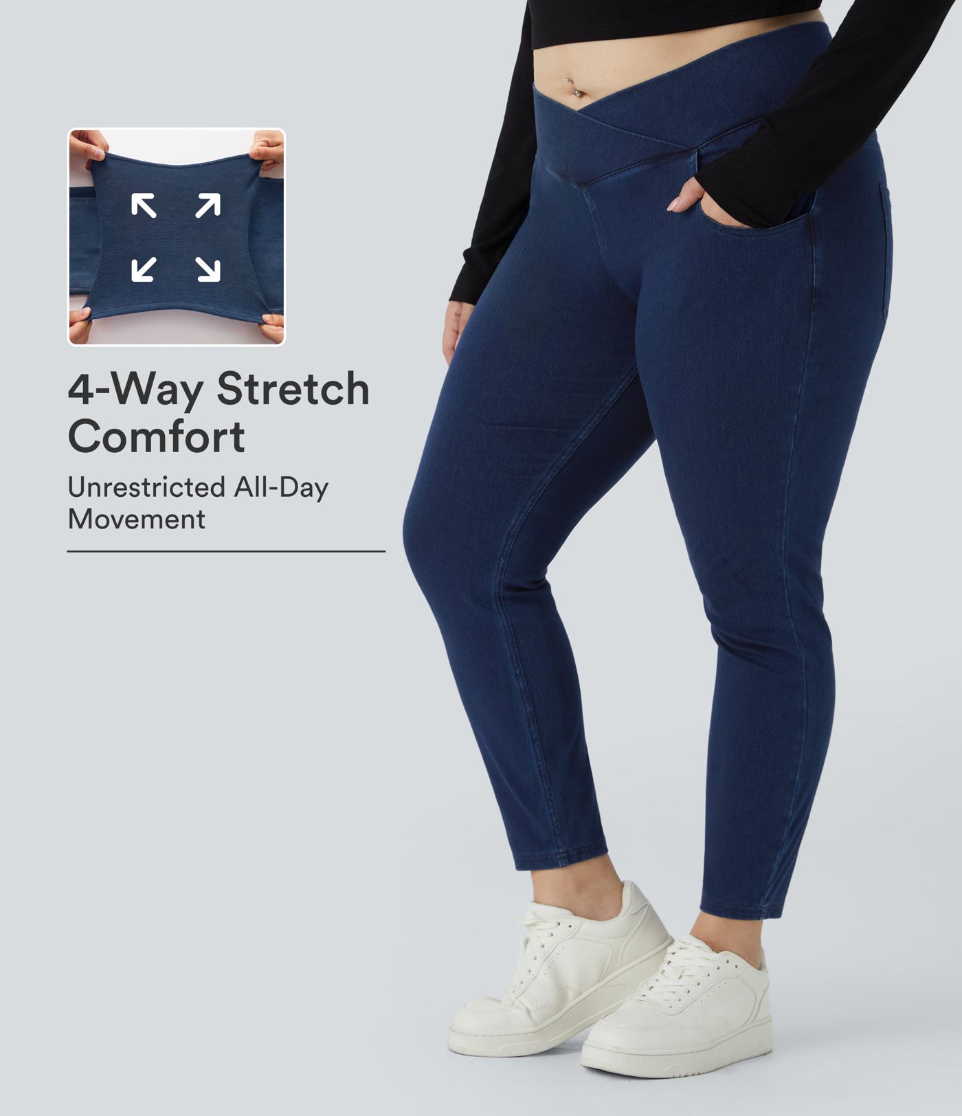 Halara Flex™ High Waisted Crossover Multiple Pockets Stretchy Knit Denim 7/8 Plus Size Work Leggings