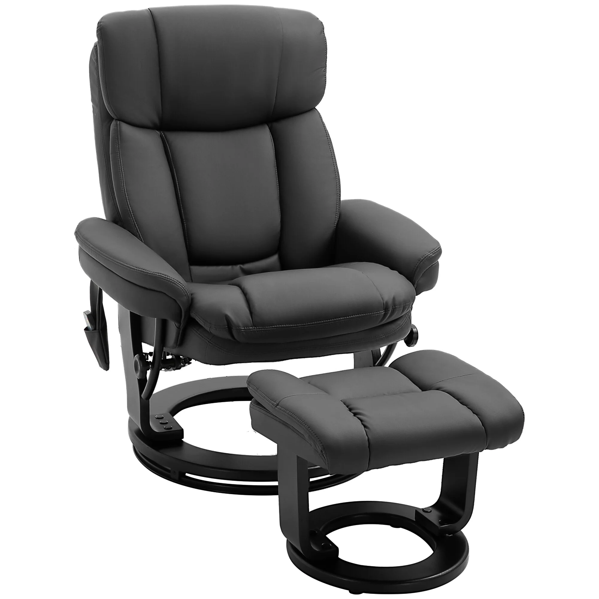 Black PU Leather 360° Swivel Manual Recliner Set with Ottoman, Full Body Vibration Massage, Side Pocket