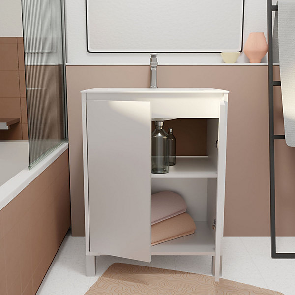 Pack Meuble Salle de Bains 60 cm Laqué Blanc, 2 portes avec Vasque Céramique - XENOS