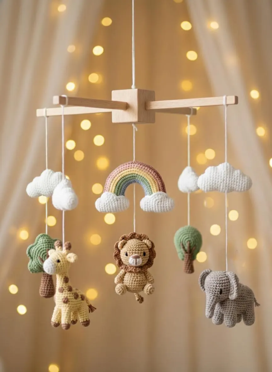 Crocheted Safari Baby Mobile, Jungle Animals Nursery Decor, Baby Shower Gift, Handmade Nursery Decor, Neutral Nursery Decor, Jungle Theme
