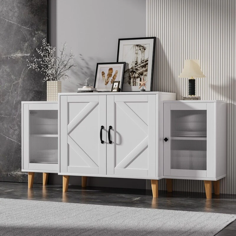 Modern TV Stand up to 60'' with Tempered Glass Doors and Solid Wood Legs