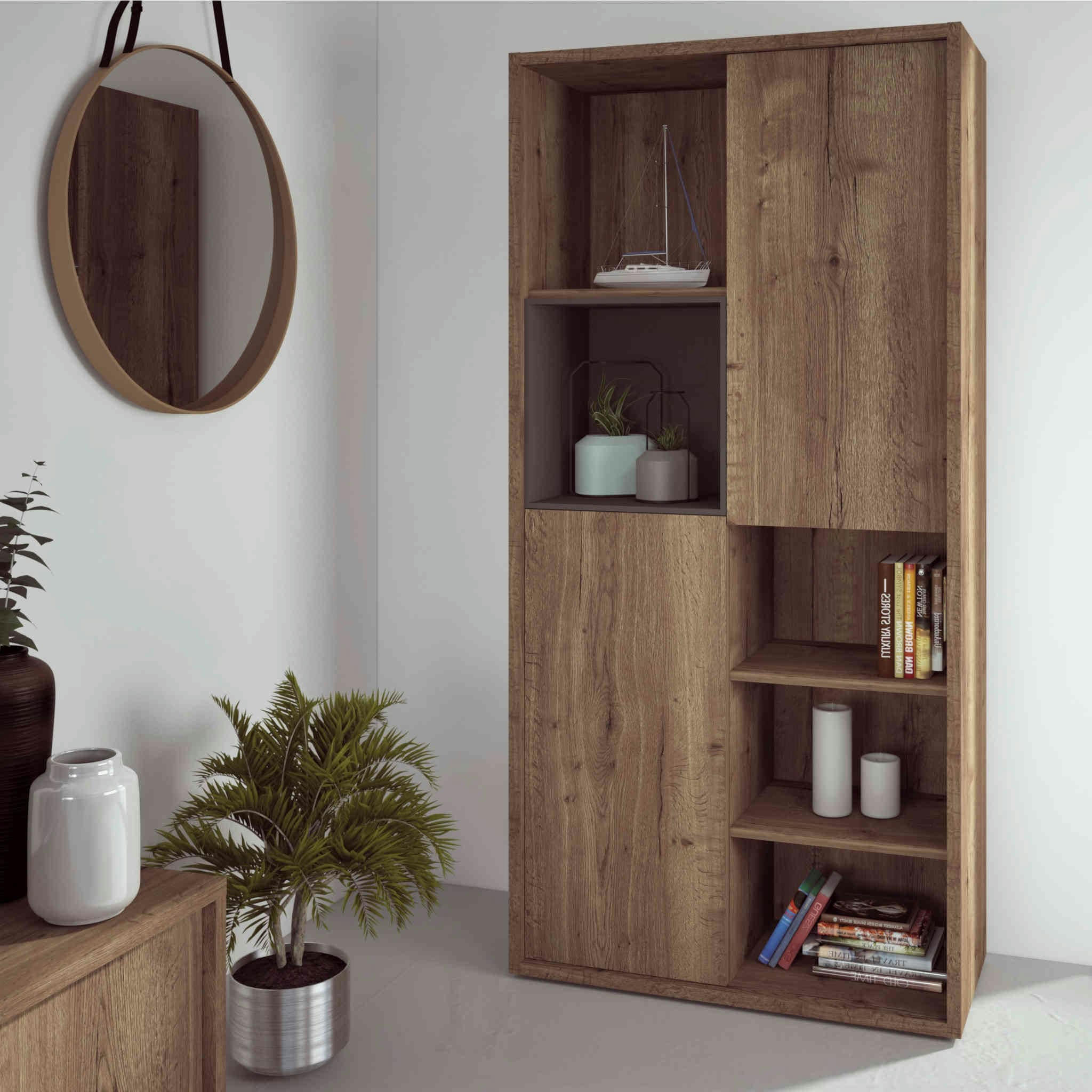 - Bibliothèque 2 portes avec niches 6 cases bois foncé