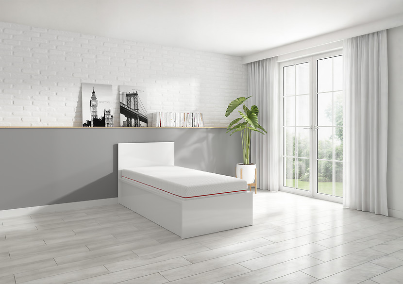 Łóżko Tetrix 90x200 ze stelażem i pojemnikiem biały połysk