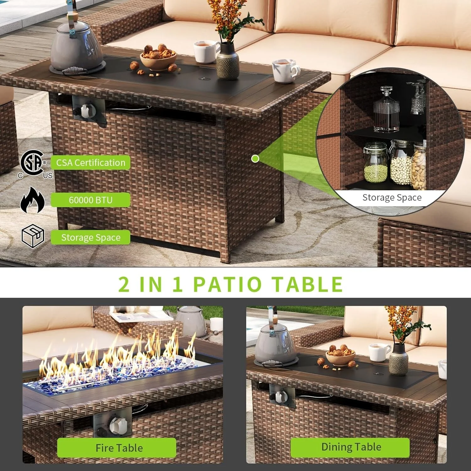 10 PCS Patio Furniture Set with Fire Pit Table