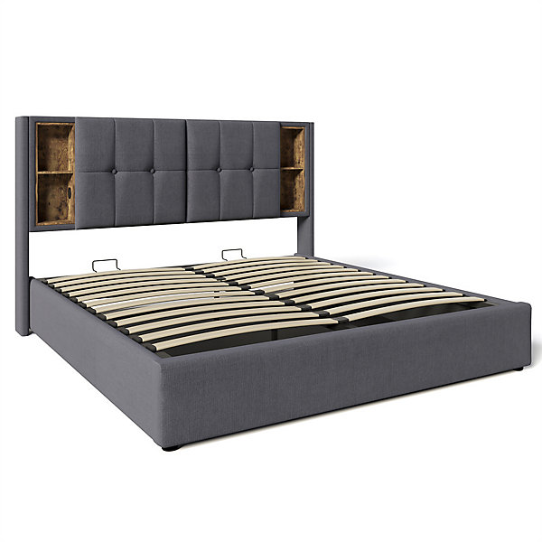 Lit double rembourré 160x200 cm, avec chargeur sans fil USB-C et espace de rangement, sommier à lattes en bois, coton, gris