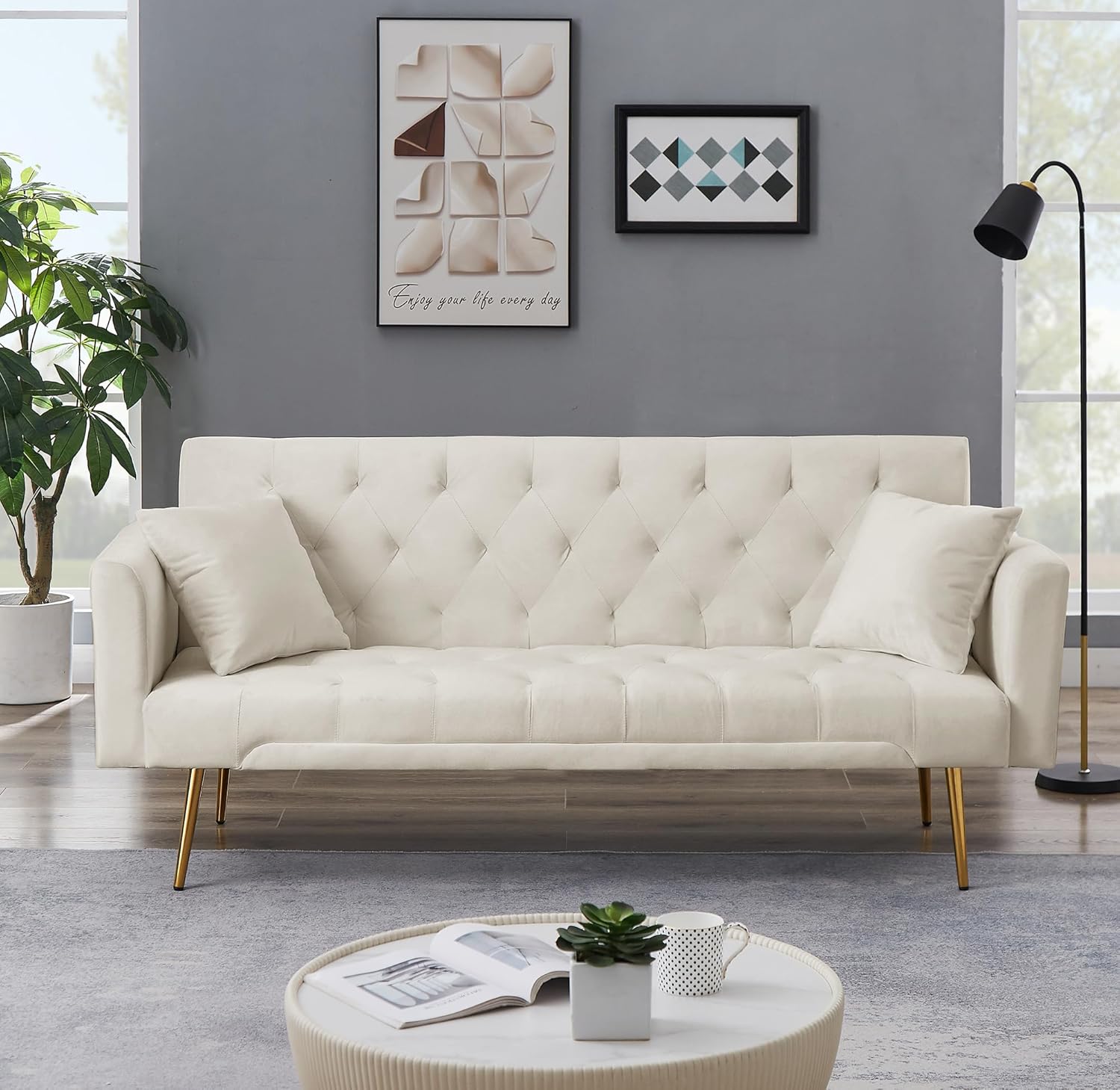 Anwick 72''Modern Velvet Sofa Bed Futon,Convertible Folding Sleeper Couches with 3 Adjustable Backrests,Tufted Recliner Love Seat Golden Chrome Legs for Living Room Apartment Home Office (Beige)
