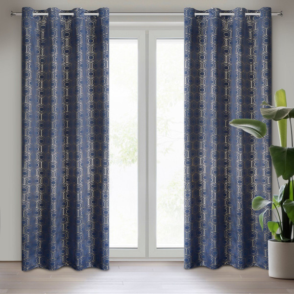 Zasłona na przelotkach z nadrukiem glamour KAJA 135X250 granatowa   złota