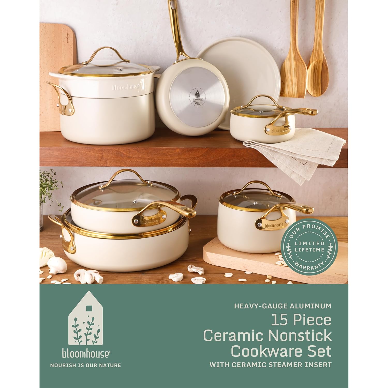 Bloomhouse - Two Time Oprah's Favorite Things Winner - 15 Piece Pots and Pans Heavy Duty Aluminum Premium PFA Free Ceramic Nonstick Cookware Set - Almond Cream w/Gold Handle