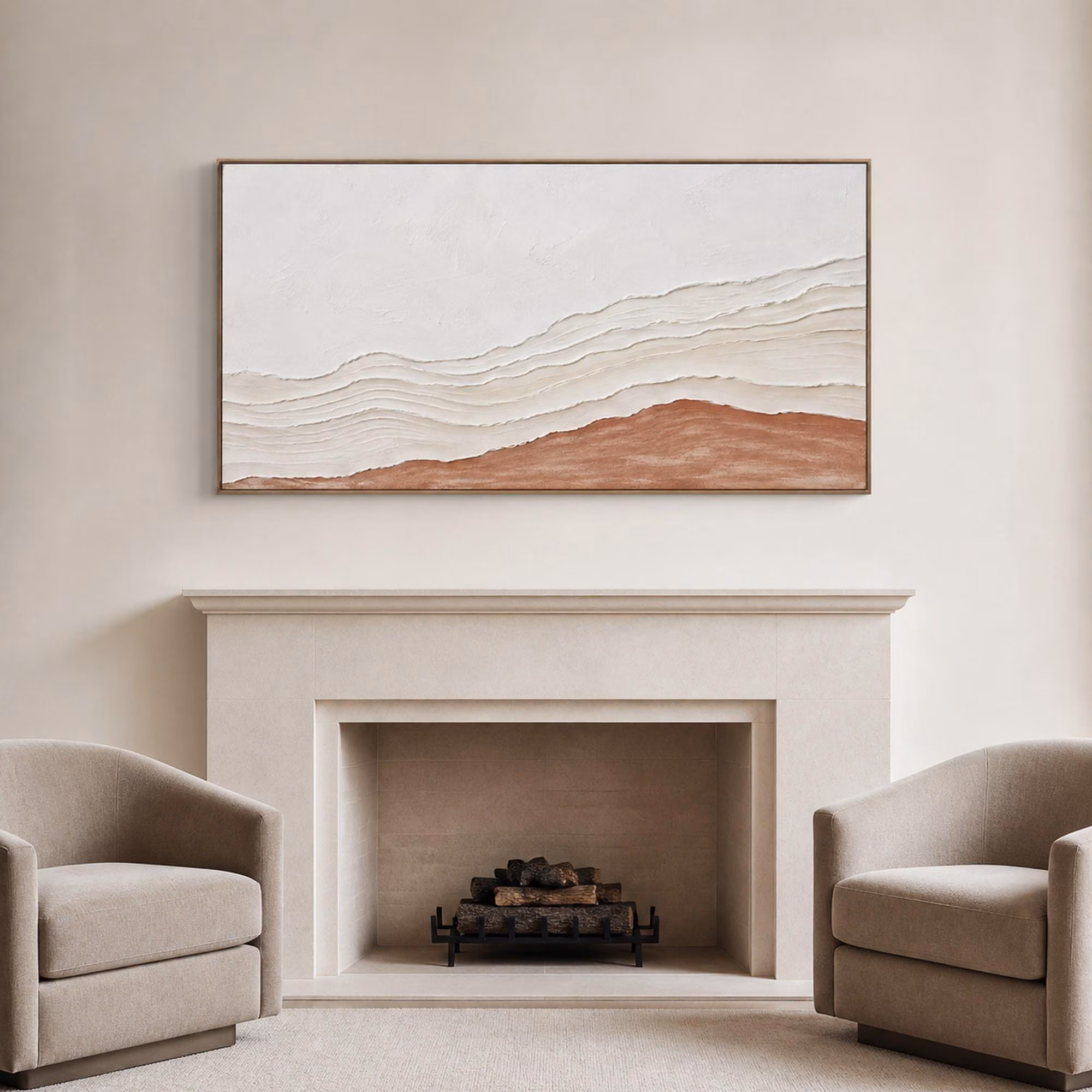 Terracotta Horizon Abstract Art, Ivory Layered Waves, Panoramic Neutral Decor