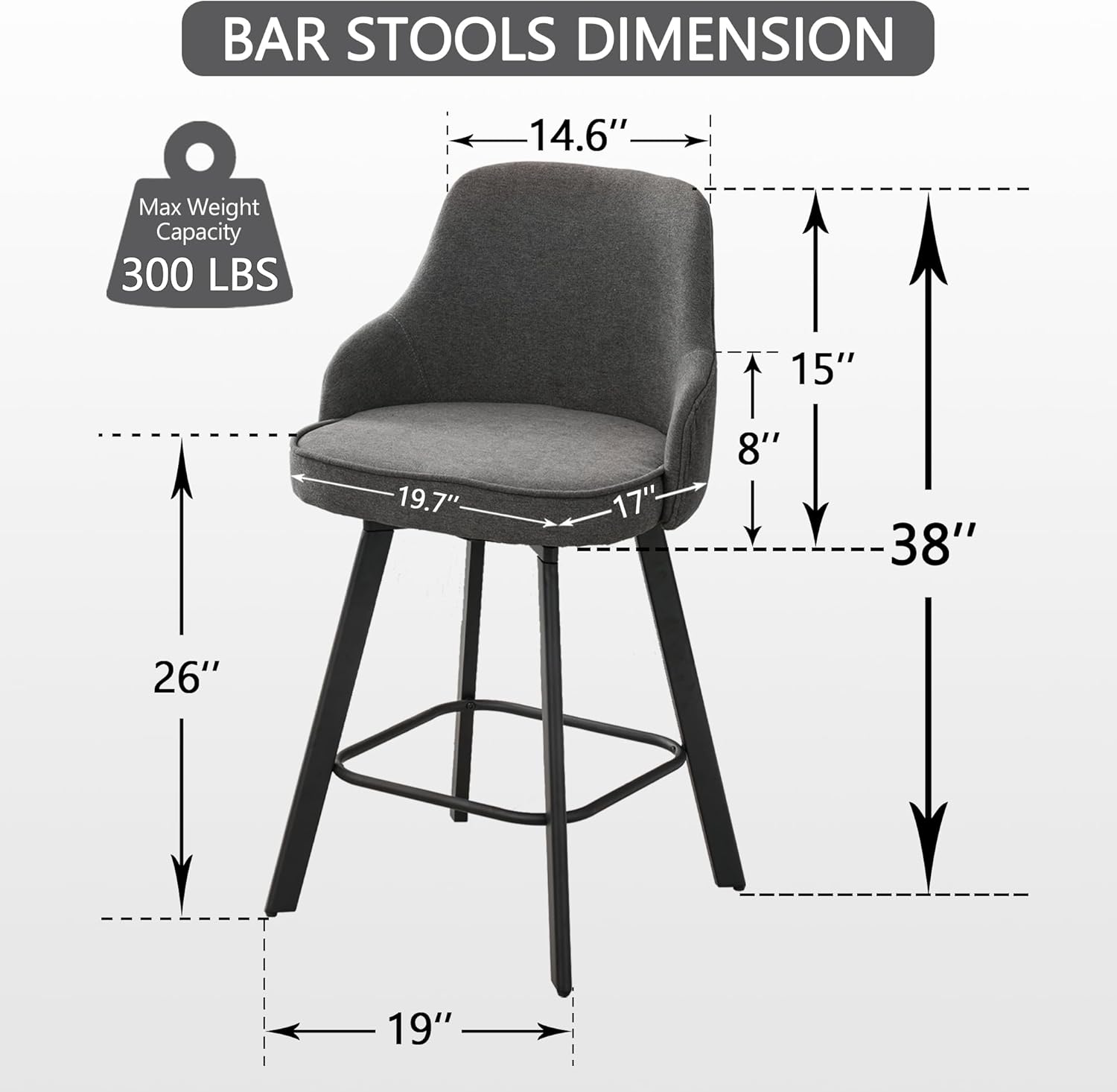 Bar Stools Set of 3, 26 Swivel Counter Height Bar Stools with High Back, Linen Kitchen Barstools Counter Height for Kitchen Island (Dark Grey, 3PCS 26 Counter Stools)