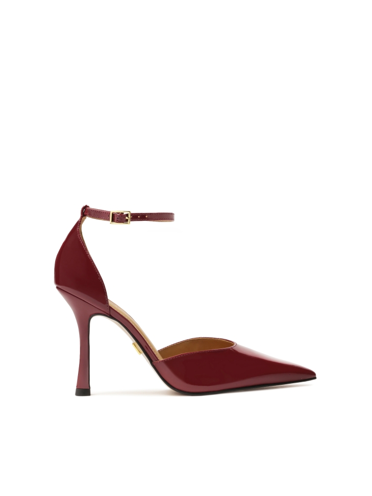 Maroon semi-open-toe patent leather pumps