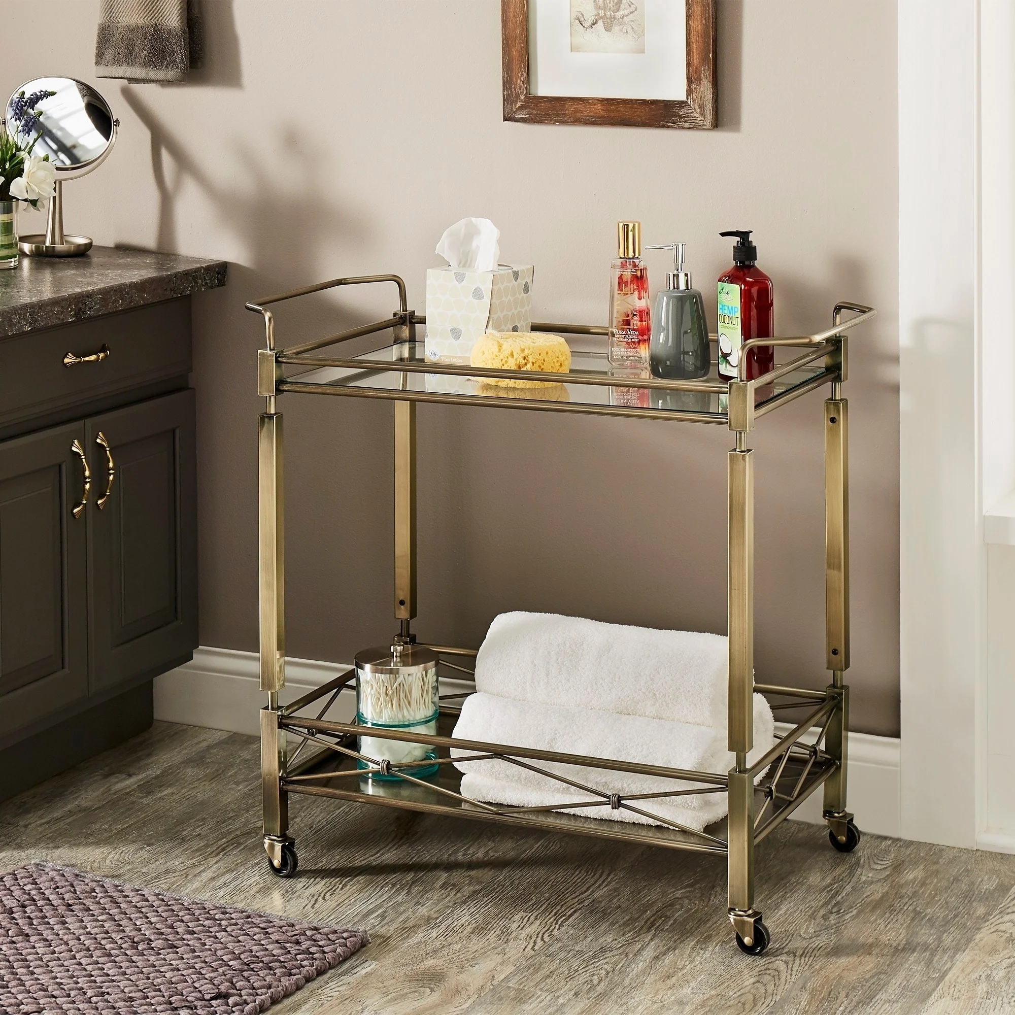 Metropolitan Antique Brass Metal Bar Cart with Glass Top by iNSPIRE Q Bold