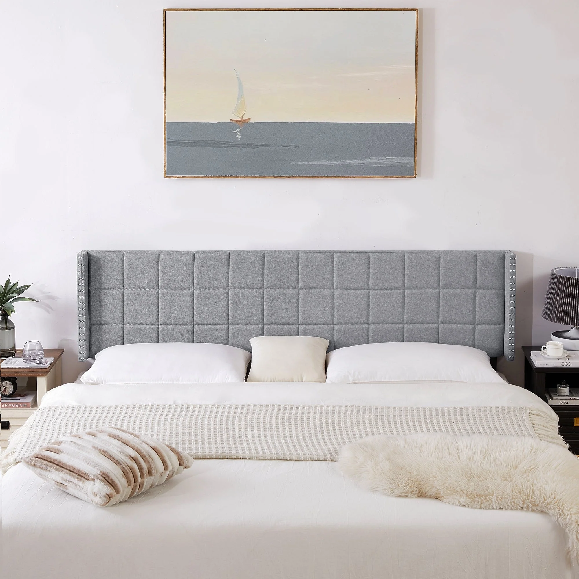 Javlergo Queen/King Size Adjustable Upholstered Headboard, Modern Wingback Headboard with Double Nailhead Trimming