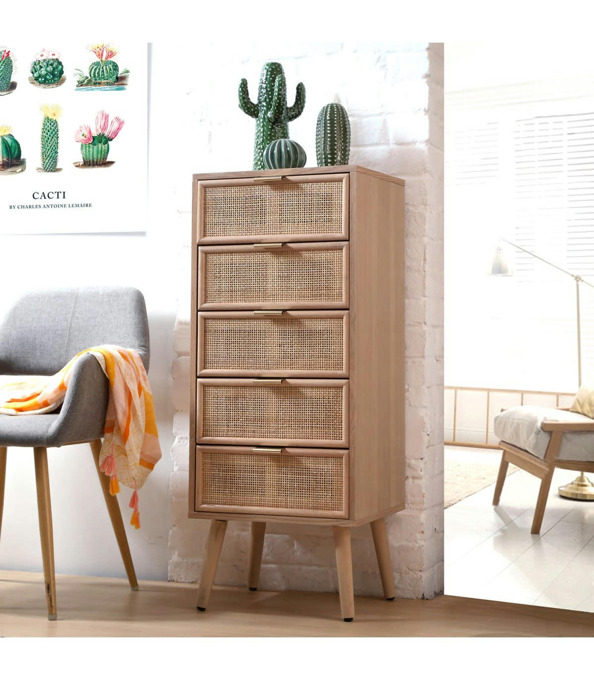 - Chiffonnier 5 tiroirs façades en rotin naturel - L37 x H100 cm