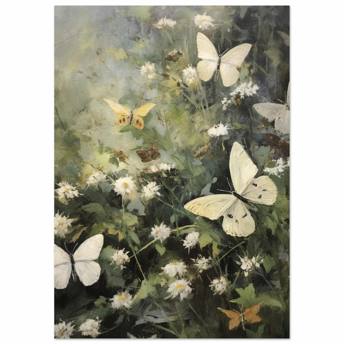 Artfulprints Poster Butterflies in flowerfield  - A4 21x29.7 cm - Donkergroen
