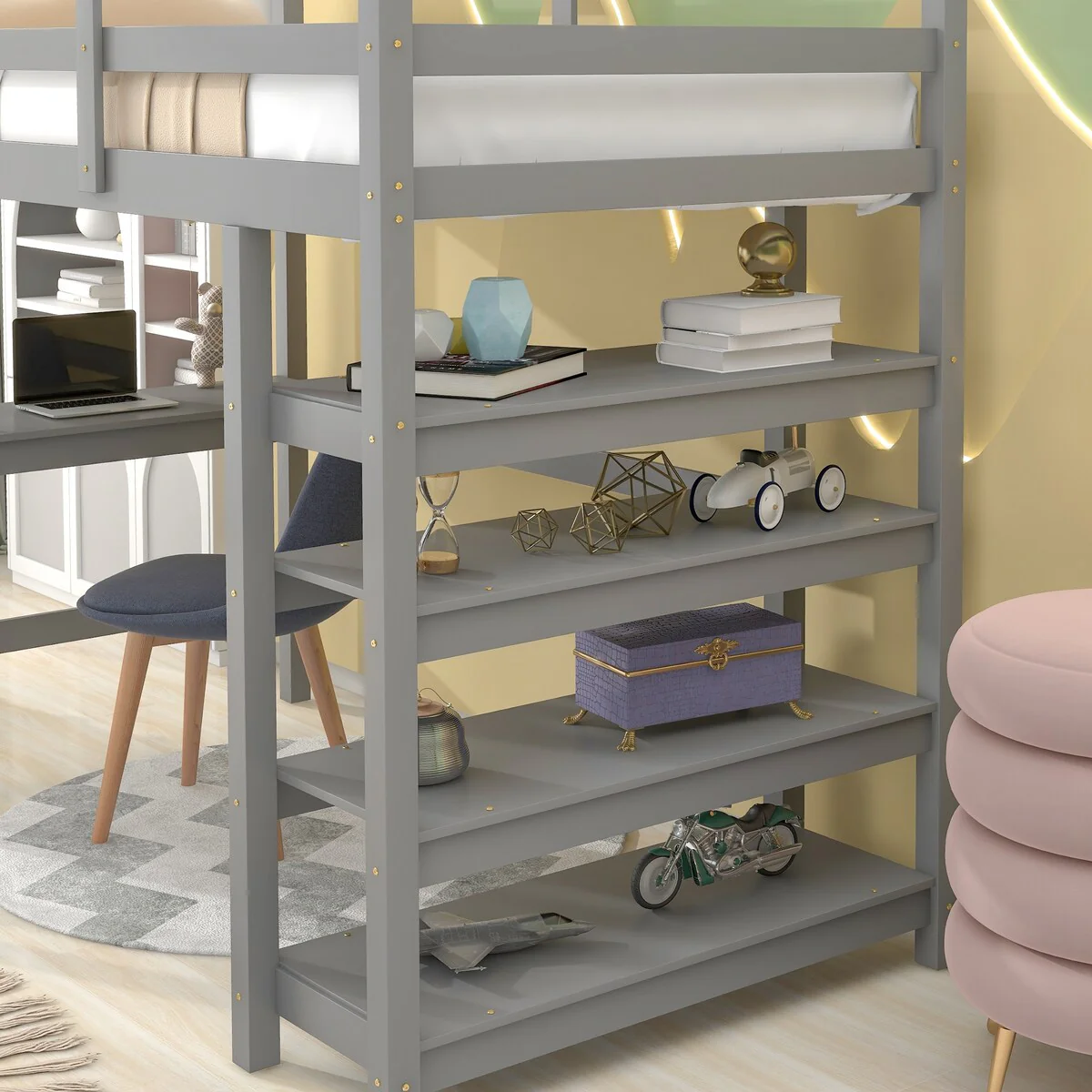 Loft Bed Twin with desk,ladder,shelves for bedroom, Grey